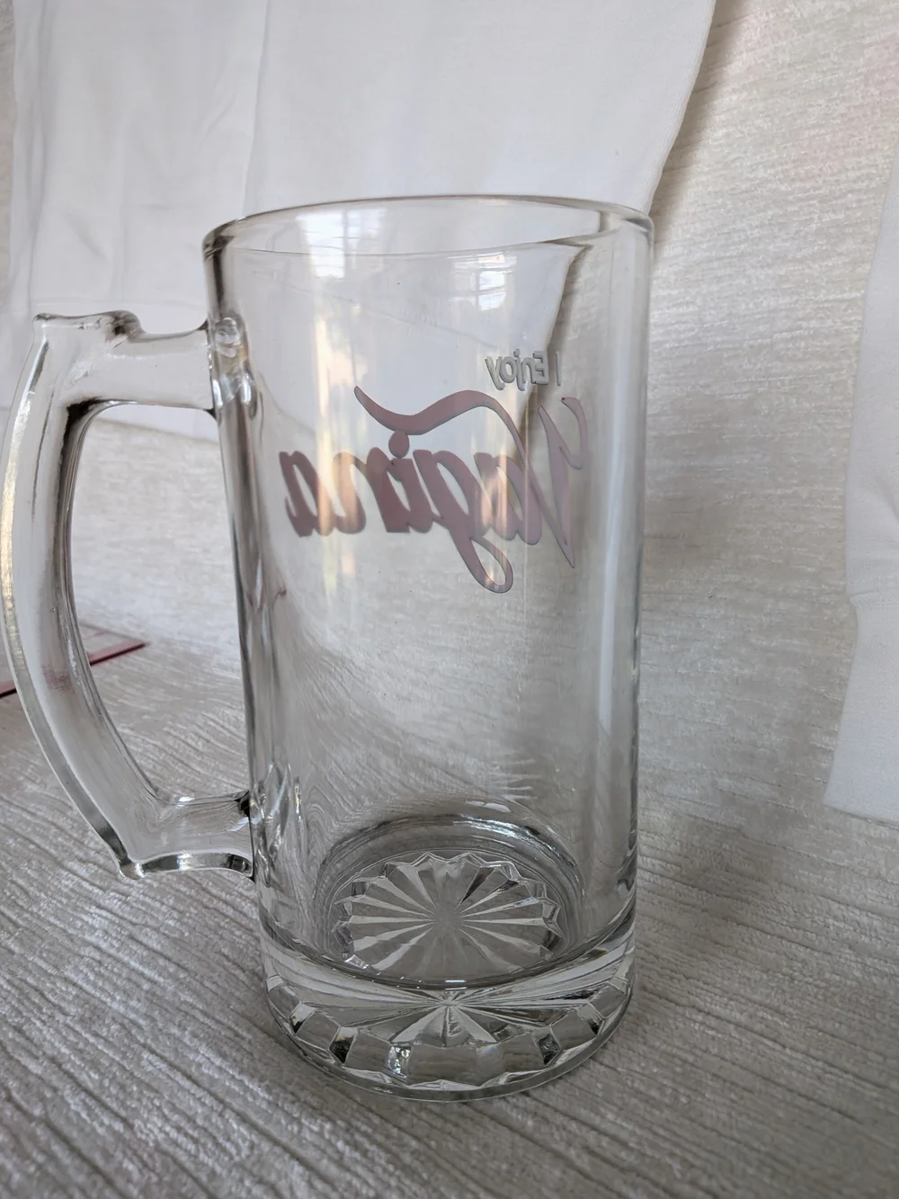 Clear Glass Beer Mug with Red Script Writing Gag Gift Theme Heavy Item 28 Oz
